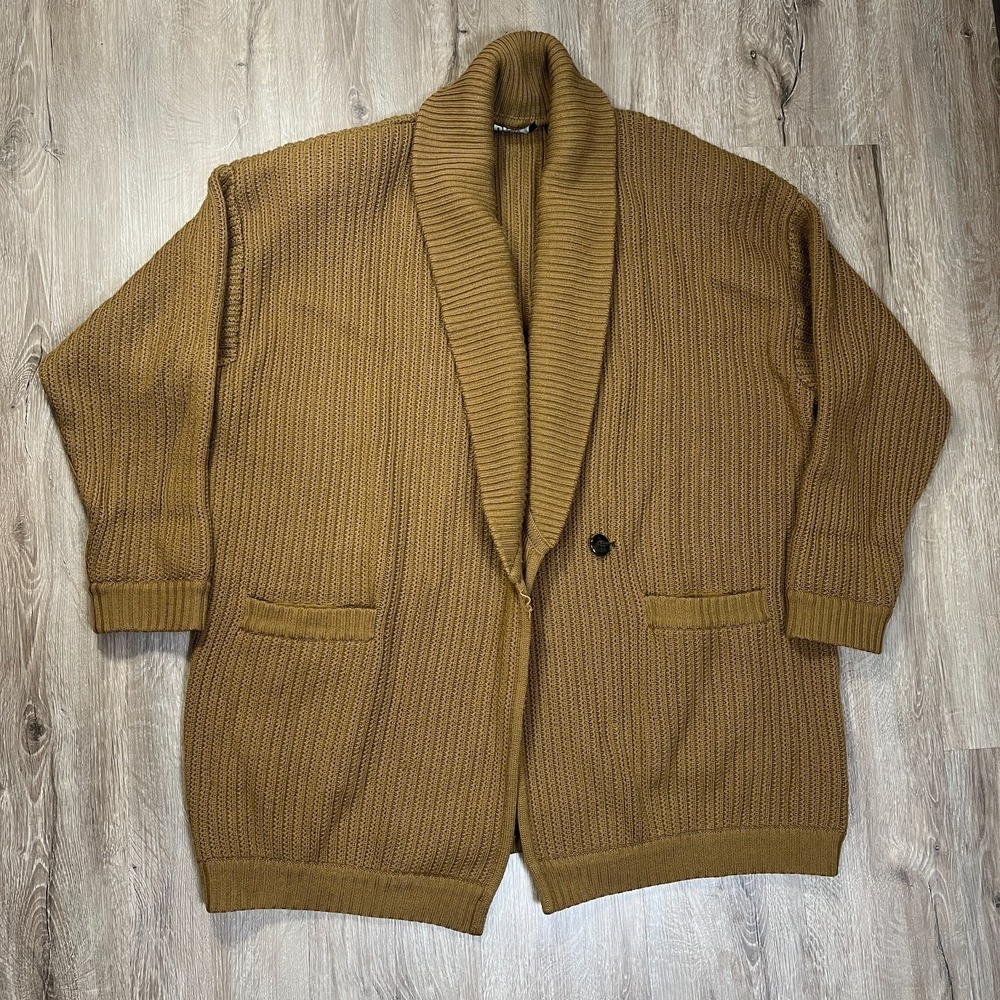 VTG DKNY 100% Wool Cardigan HEAVYWEIGHT Thick Size Large Brown Ribbed Knit